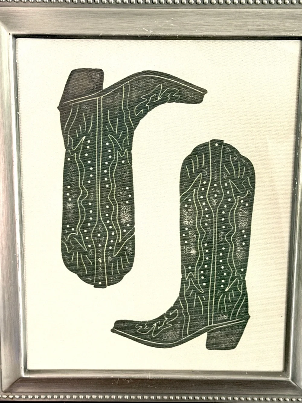 Dark Green Cowboy Boots Cowgirl Western Canvas Art Print Silver Metal Framed Art